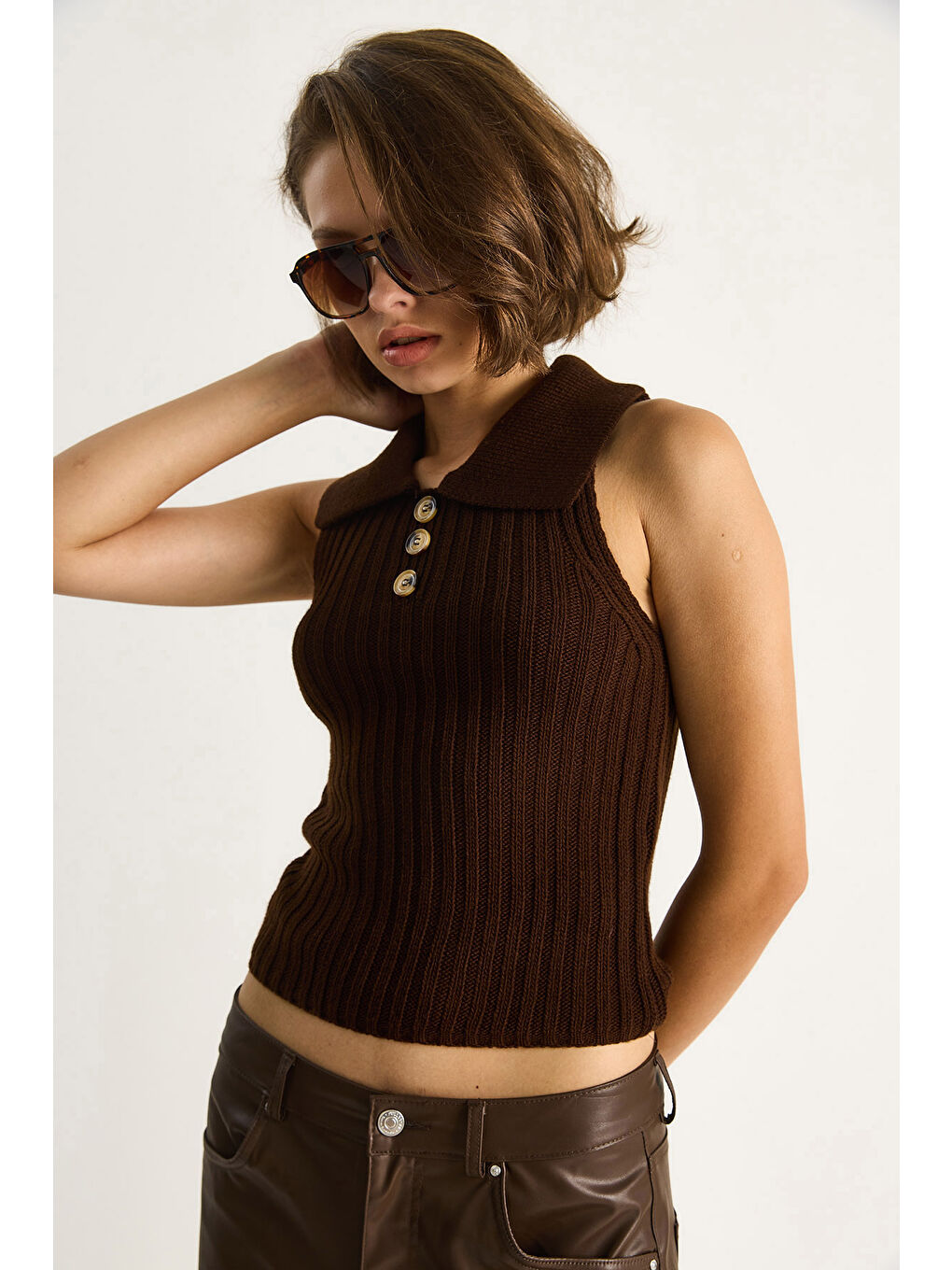 Kahverengi Kadın Yakalı Fitilli Yazlık Triko Bluz-2