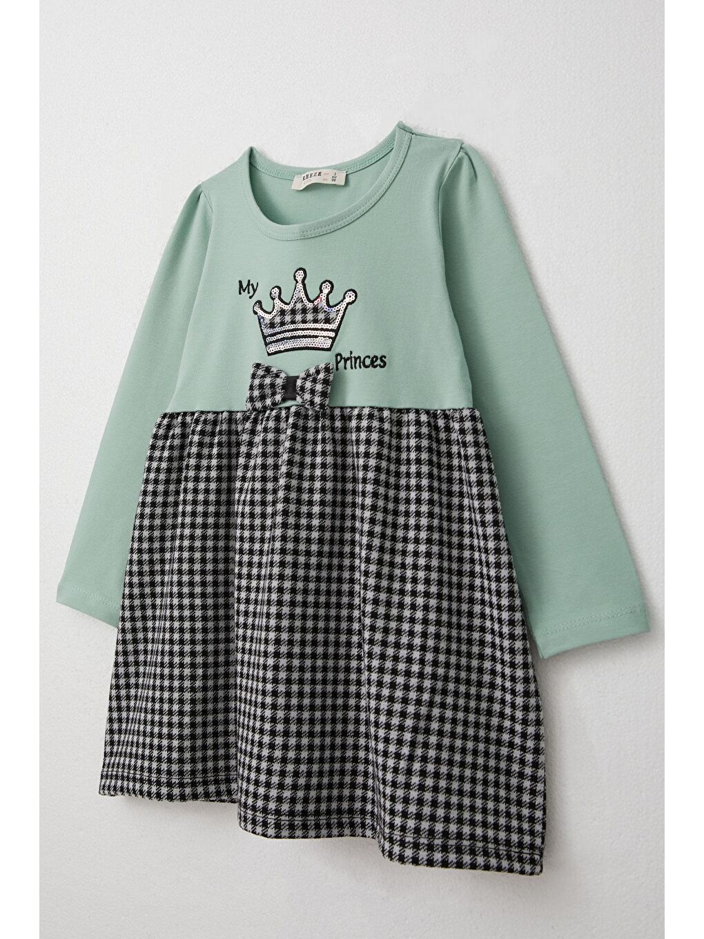 Turkuaz Kız Çocuk Uzun Kollu Elbise Prenses Tacı Nakışlı Fiyonklu Su Yeşili (2-4 Yaş)-2