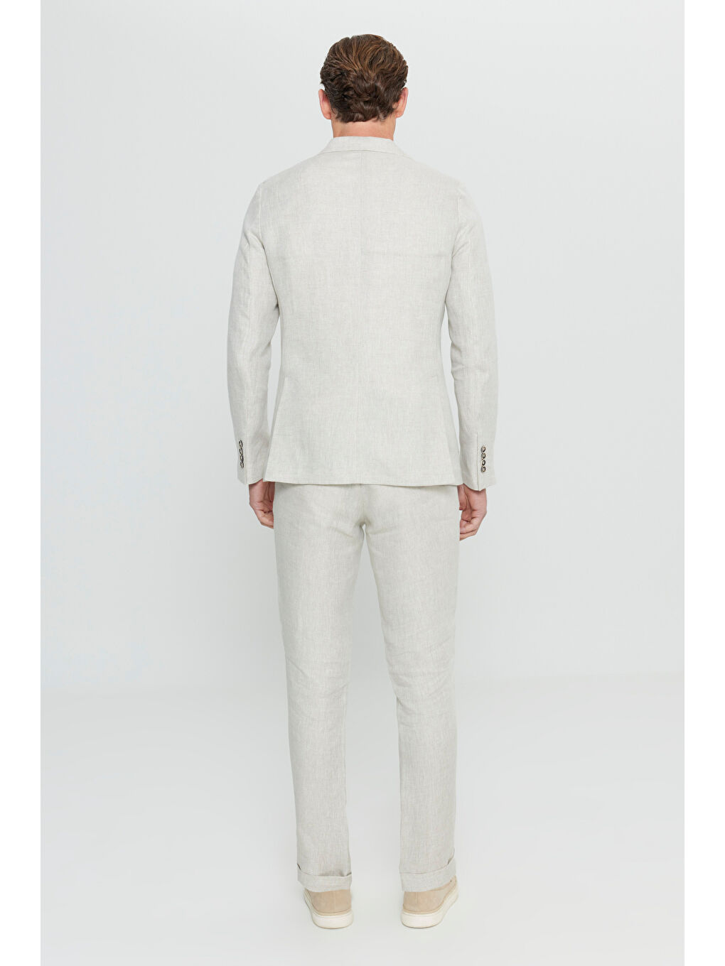 Erkek Bej %100 Keten Ekstra Slim Fit Dar Kesim Beli Bağlamalı Kapak Cepli Takım Elbise-7