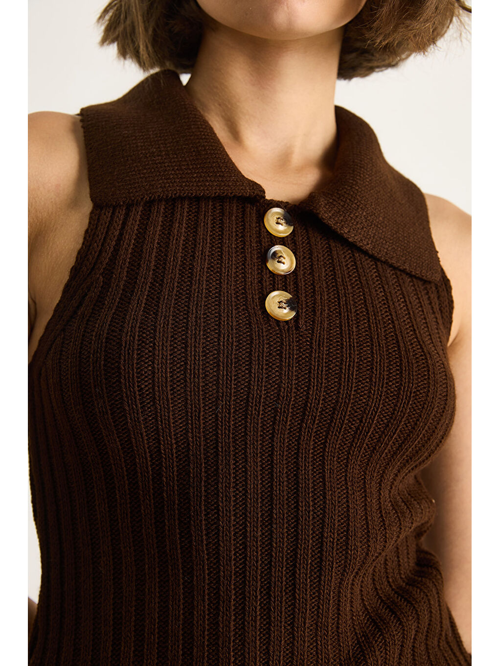 Kahverengi Kadın Yakalı Fitilli Yazlık Triko Bluz-4