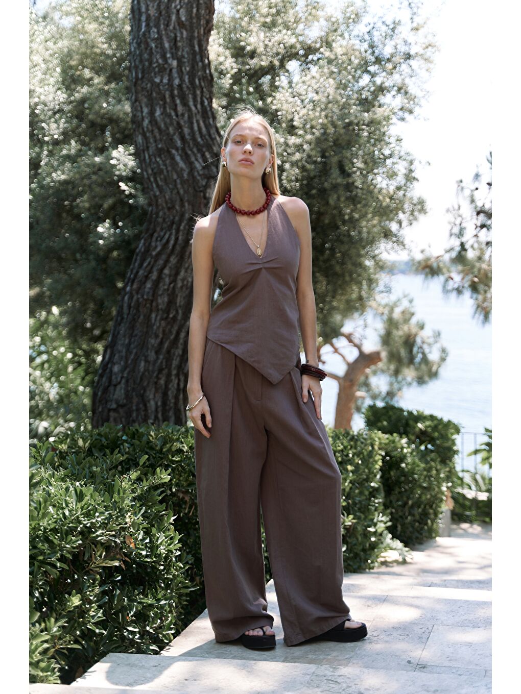 Kahverengi Alidah Pileli Açık Kahve Bol Paça Pantolon-1