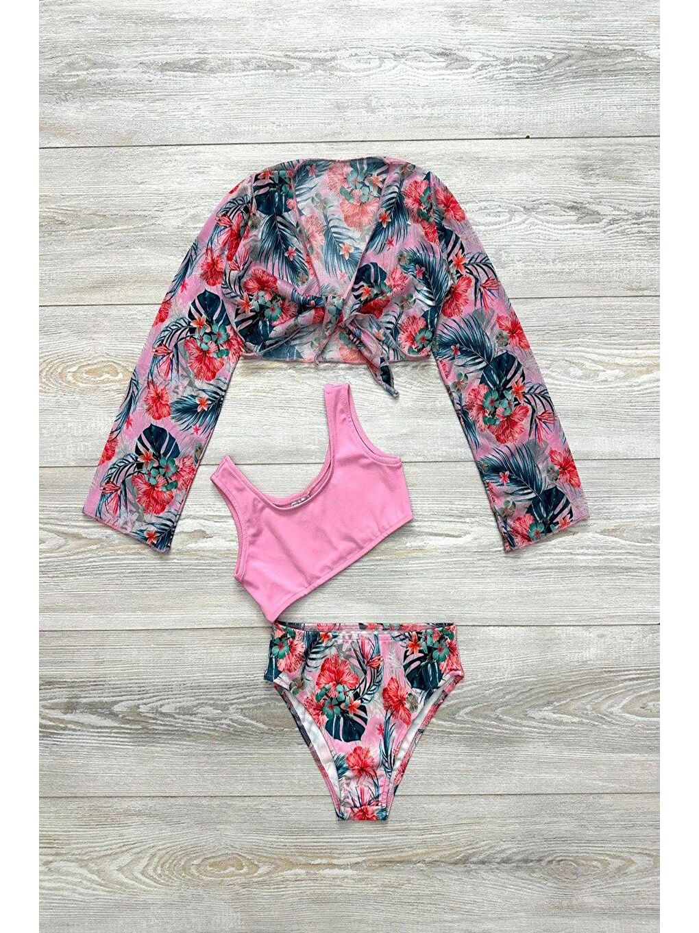 Pembe Yeni Sezon Kız Çocuk Bolerolu Bikini 3'lü Takım