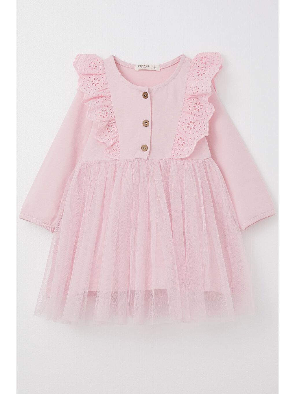 Kız Çocuk Uzun Kollu Elbise Tüllü Güpürlü Pembe (1.5-3 Yaş)
