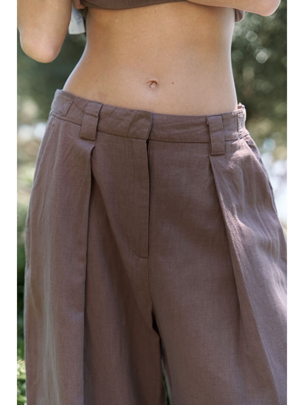 Kahverengi Alidah Pileli Açık Kahve Bol Paça Pantolon-2