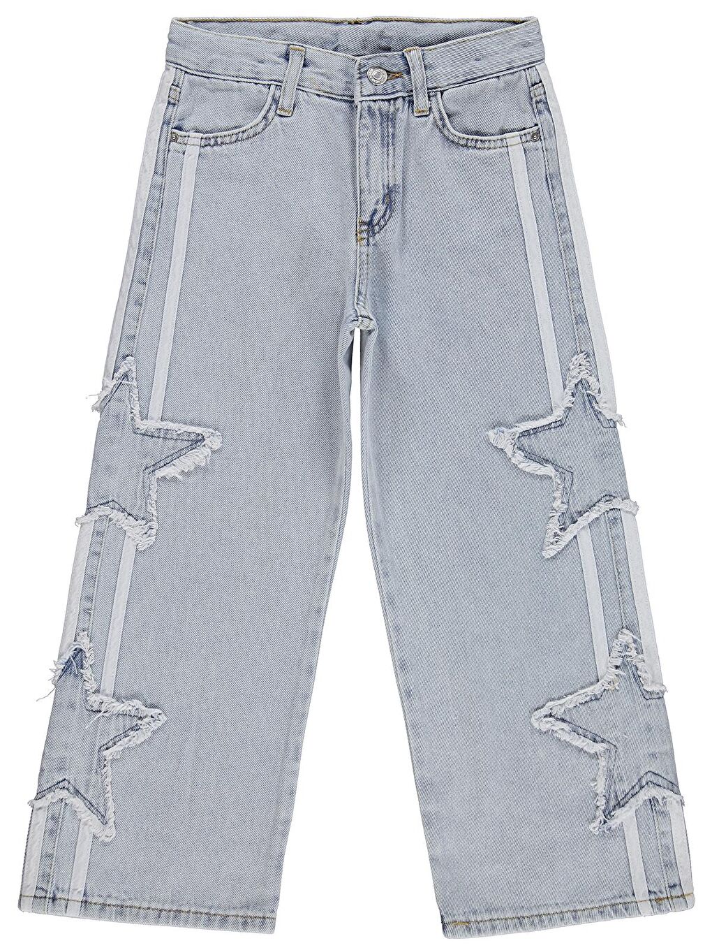 Girls Şeritli Yıldız Nakışlı 10-13 Yaş Pantolon Jean - Mavi
