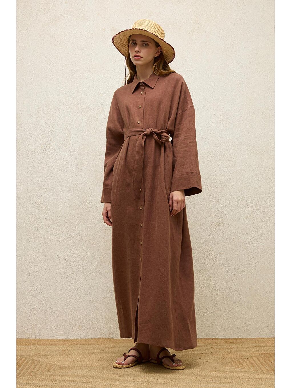 Renksiz Keten Elbise Ağaç Kabuğu-1