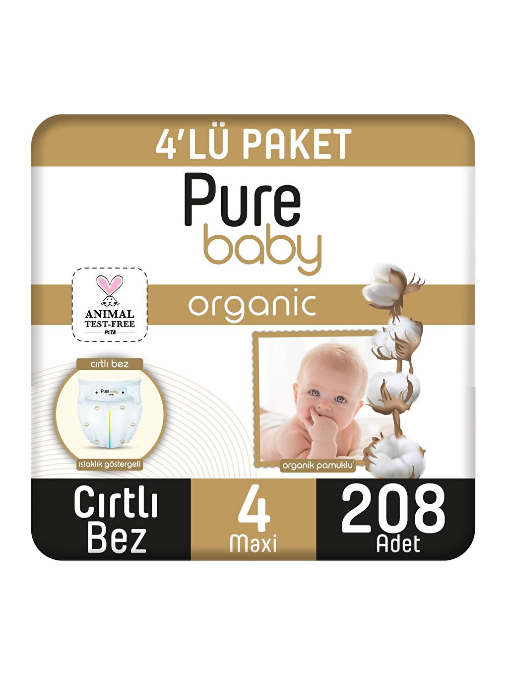 Pure Baby Renksiz Organik Pamuklu Cırtlı Bez 4'lü Paket 4 Numara Maxi 208 Adet