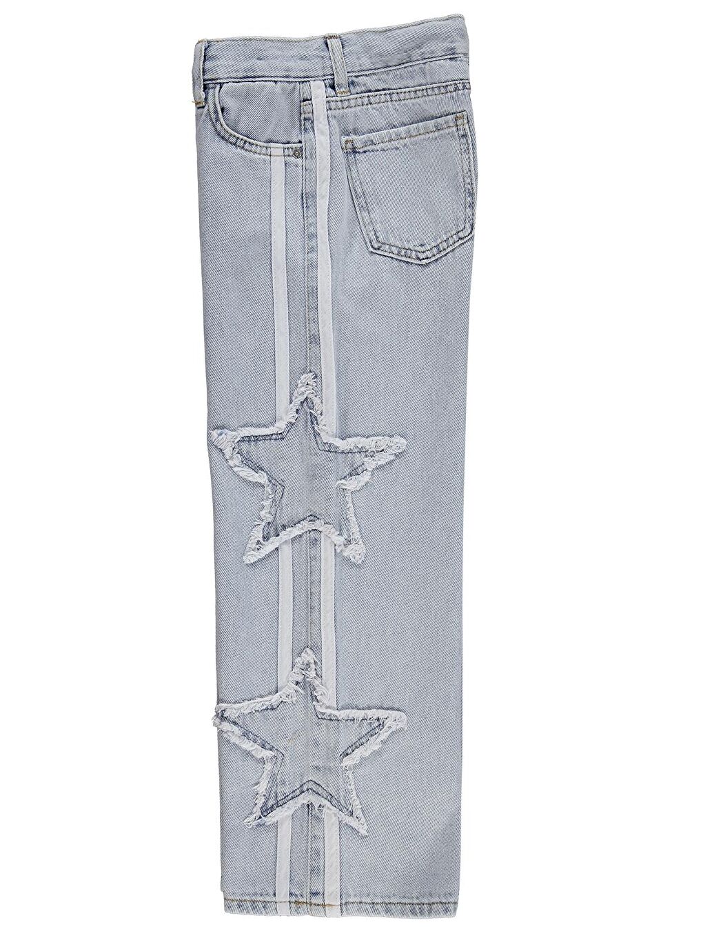 Girls Şeritli Yıldız Nakışlı 10-13 Yaş Pantolon Jean - Mavi-1