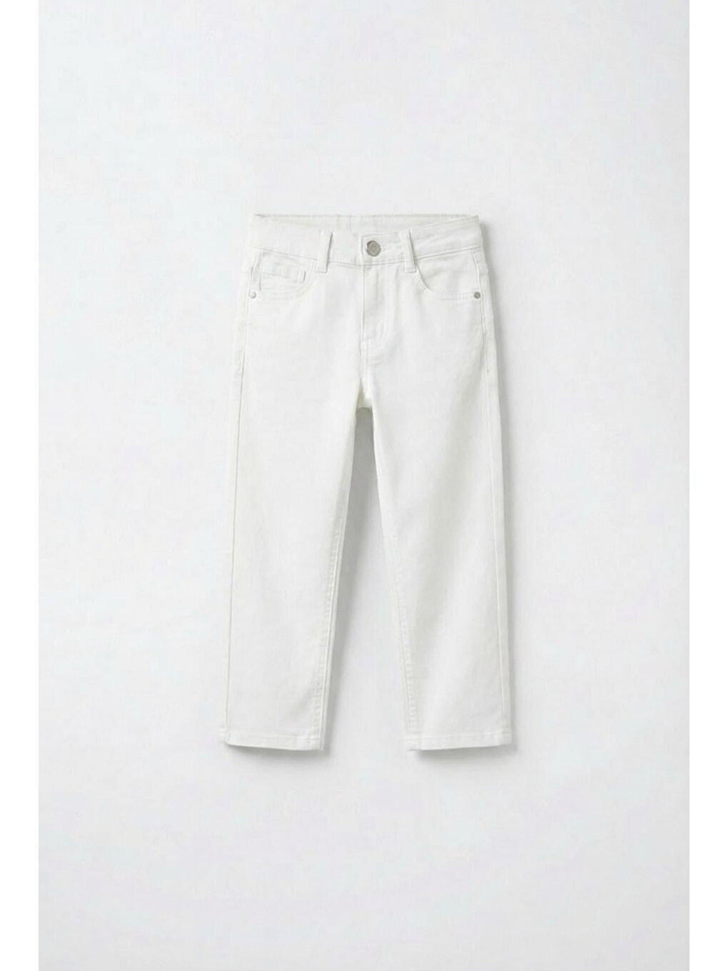 Unisex Çocuk Pamuklu Beyaz Düz Pantolon - Cepli Denim Görünümlü