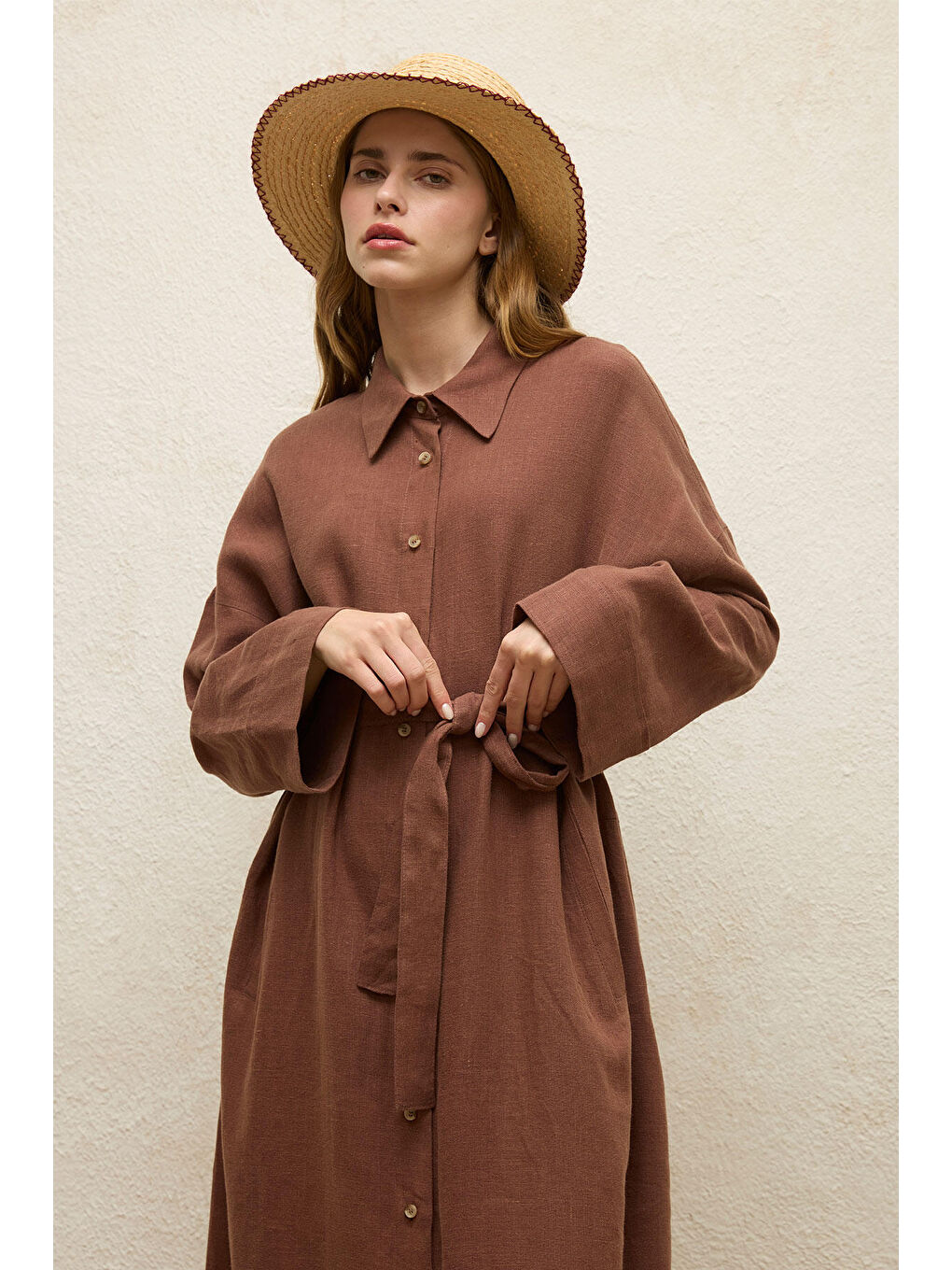 Renksiz Keten Elbise Ağaç Kabuğu-3