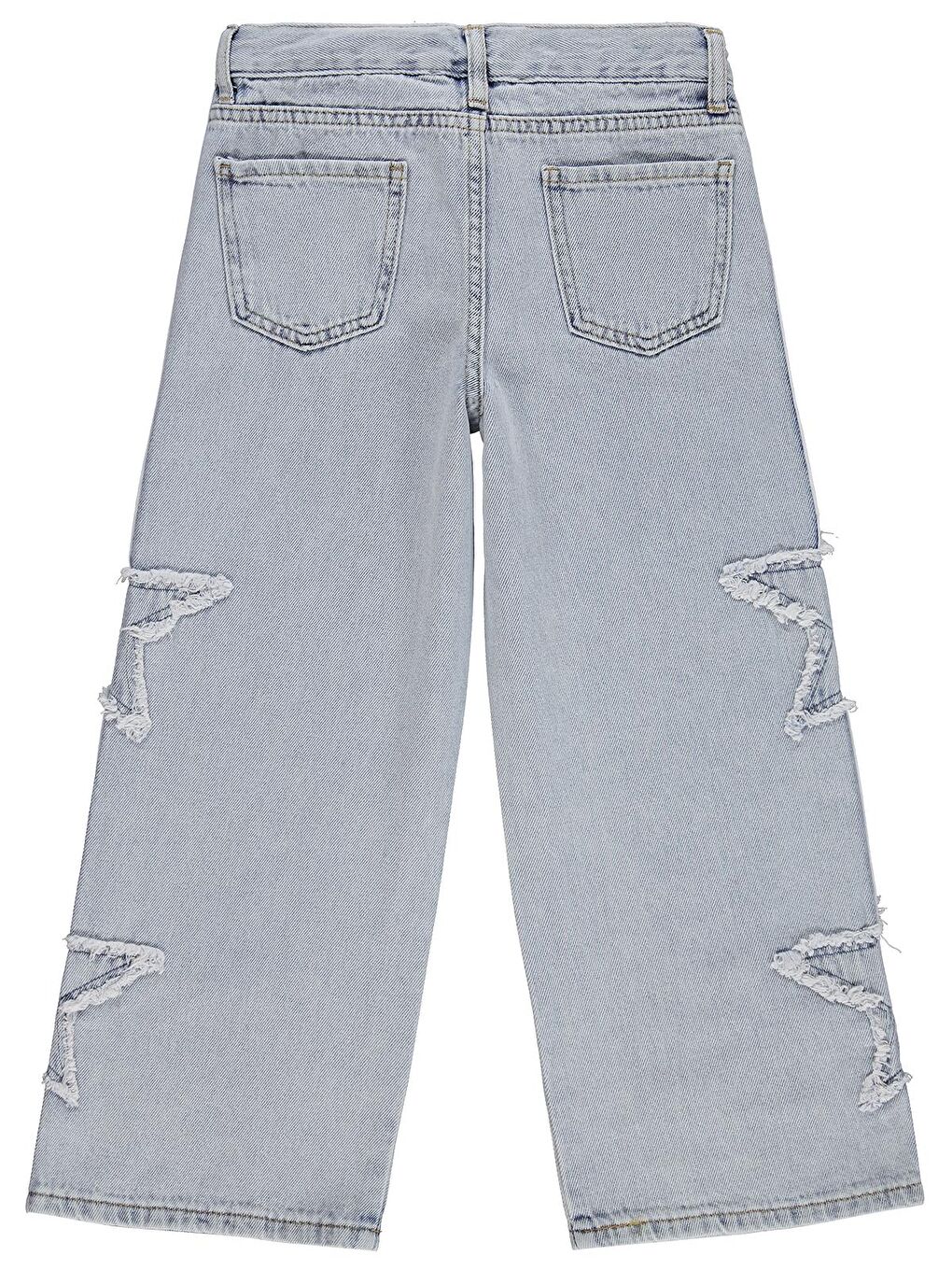 Girls Şeritli Yıldız Nakışlı 10-13 Yaş Pantolon Jean - Mavi-2