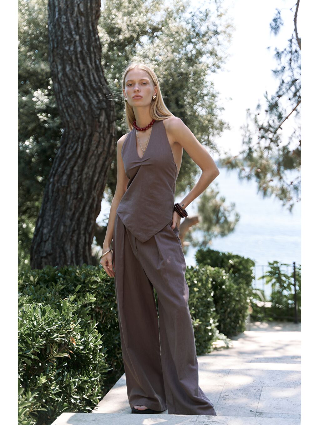 Kahverengi Alidah Pileli Açık Kahve Bol Paça Pantolon-5