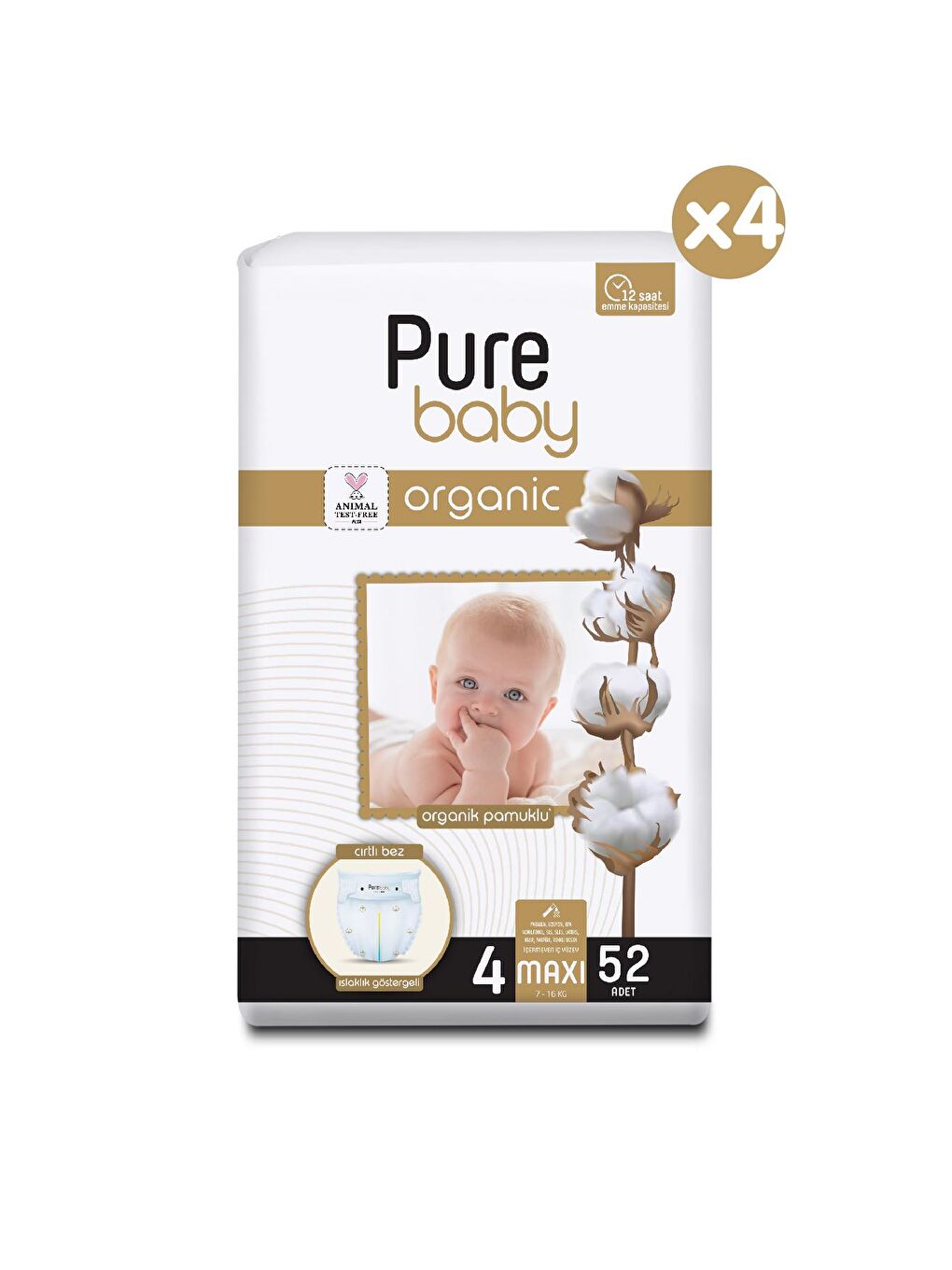 Pure Baby Renksiz Organik Pamuklu Cırtlı Bez 4'lü Paket 4 Numara Maxi 208 Adet - 1