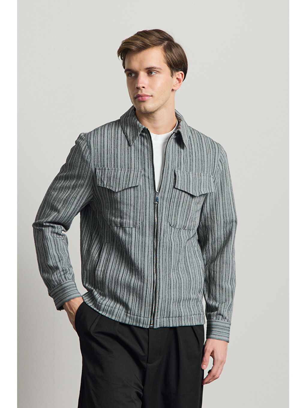 Erkek Premium Keten Gömlek Ceket Yeşil-3