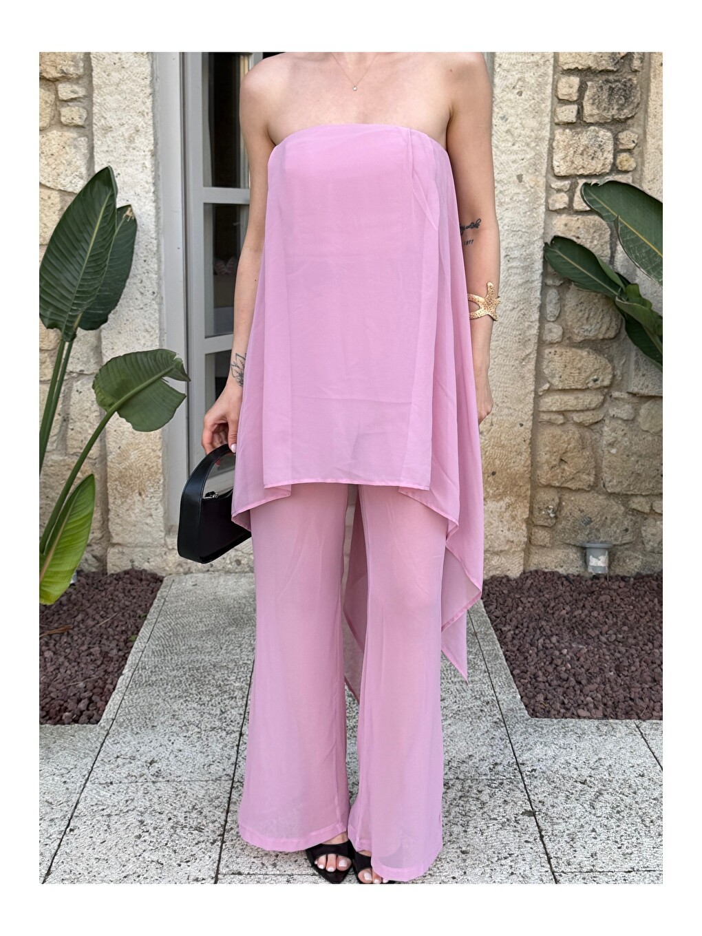 Pembe Straplez Şifon İkili Plaj Takım - 1437-1