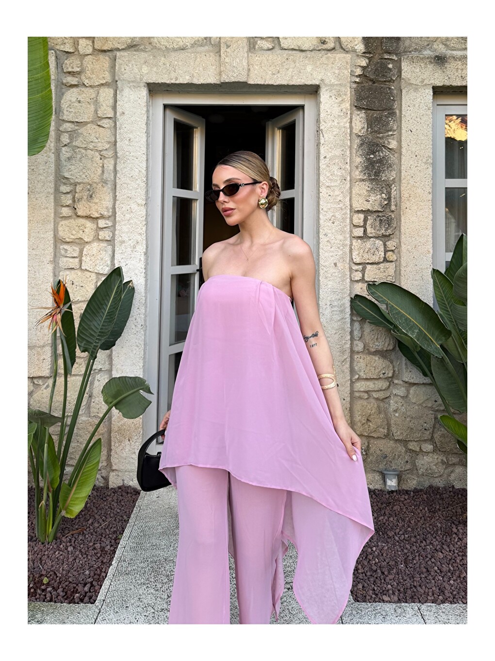 Pembe Straplez Şifon İkili Plaj Takım - 1437-2