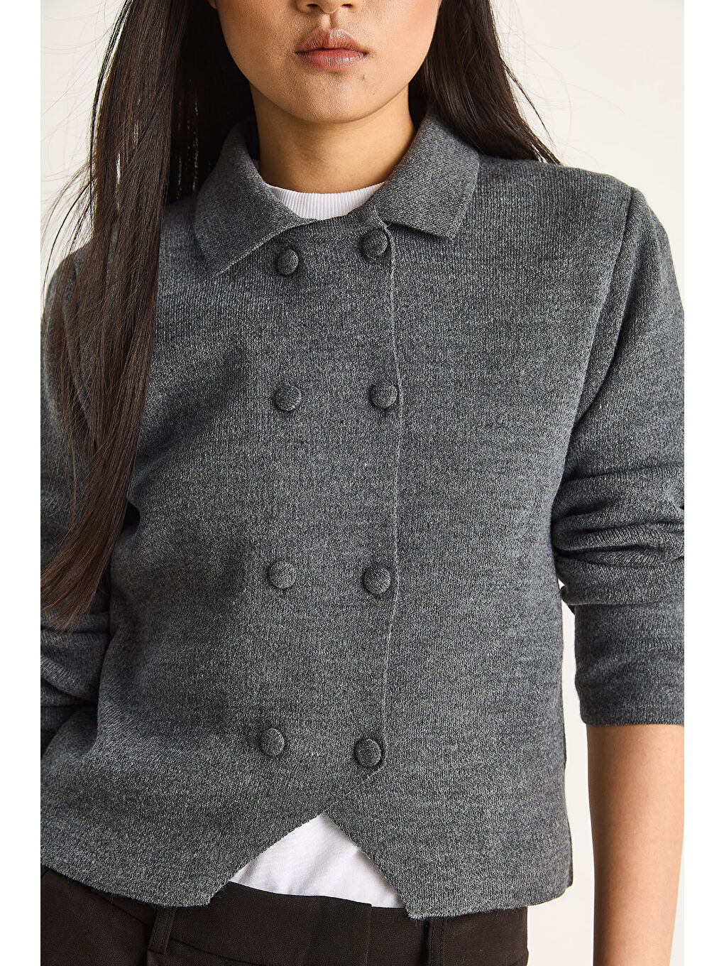 Antrasit Kadın Çift Düğme Detaylı Kruvaze Hırka-4