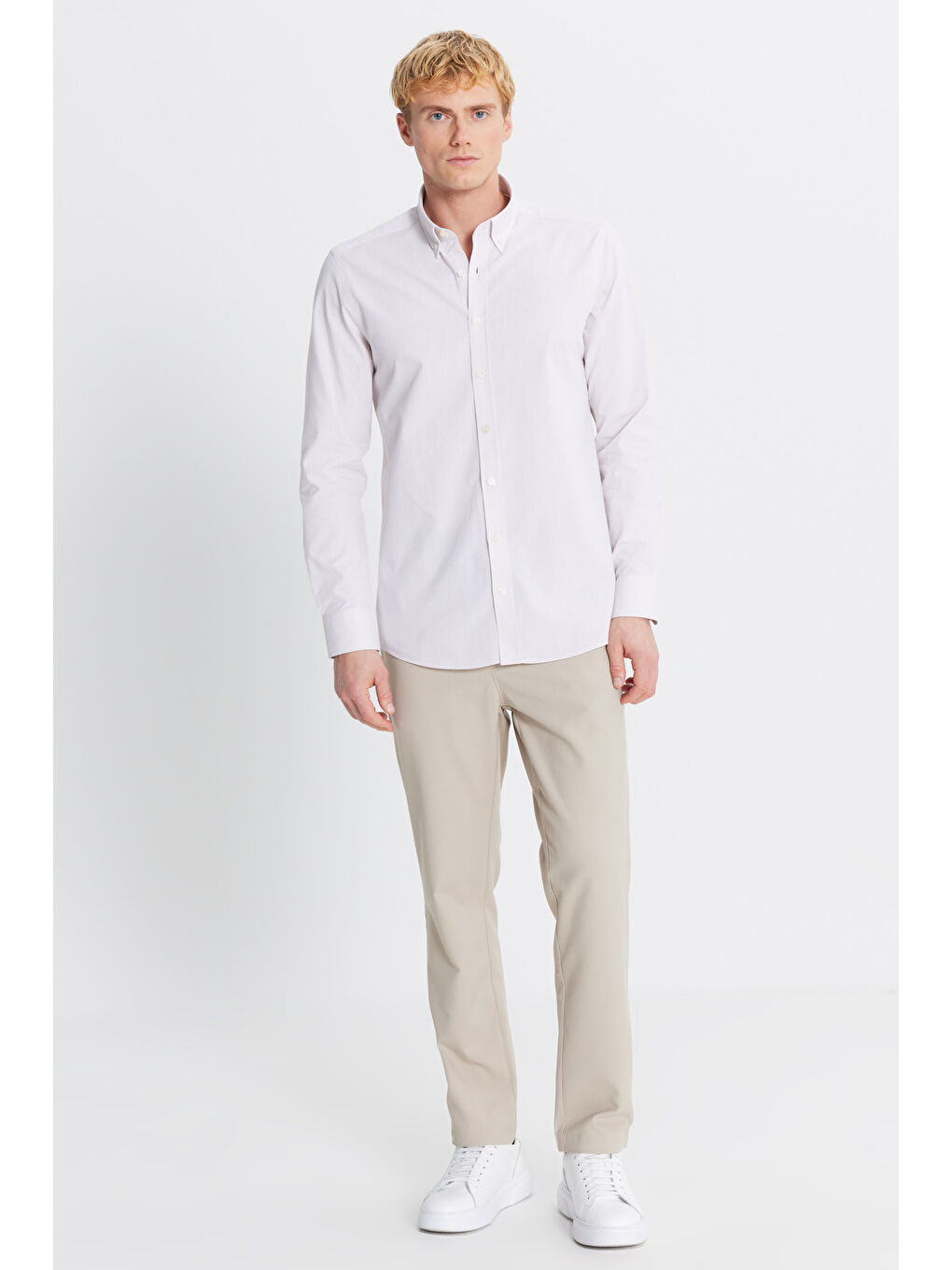 Erkek Bej %100 Pamuk Oxford Slim Fit Dar Kesim Düğmeli Yaka Çizgili Gömlek-1