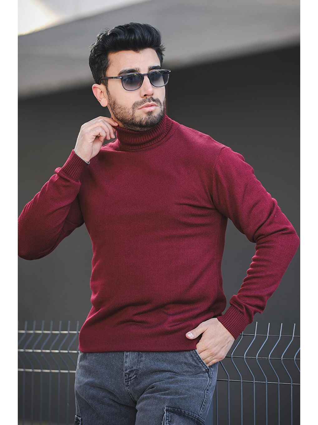 Bordo Pamuk Slim Fit Erkek Tam Balıkçı Boğazlı Kazak