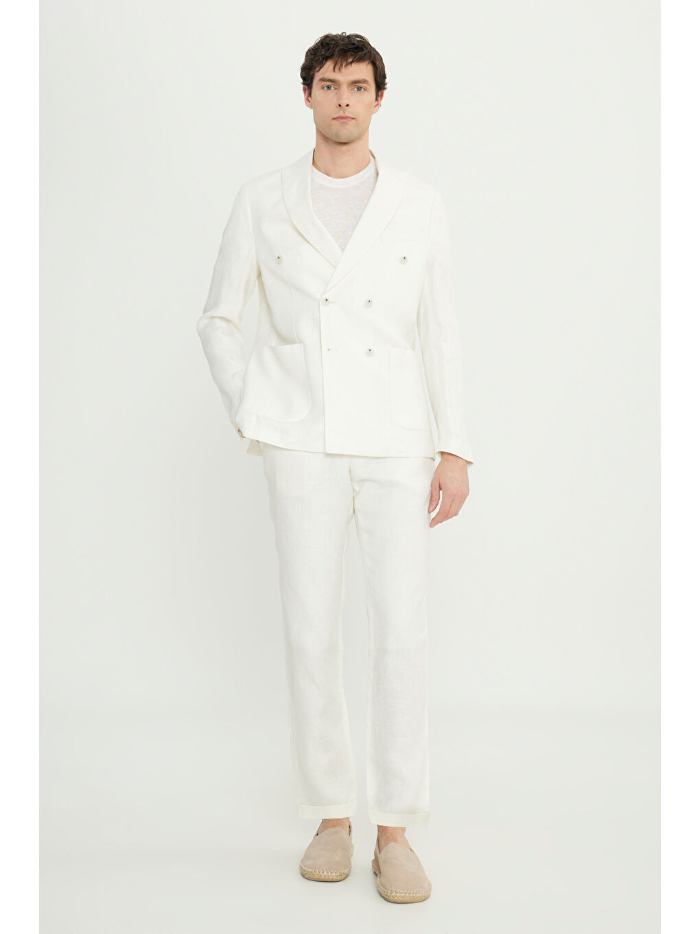 Erkek Ekru %100 Keten Slim Fit Dar Kesim Kırlangıç Yaka Torba Cepli Kruvaze Takım Elbise-2