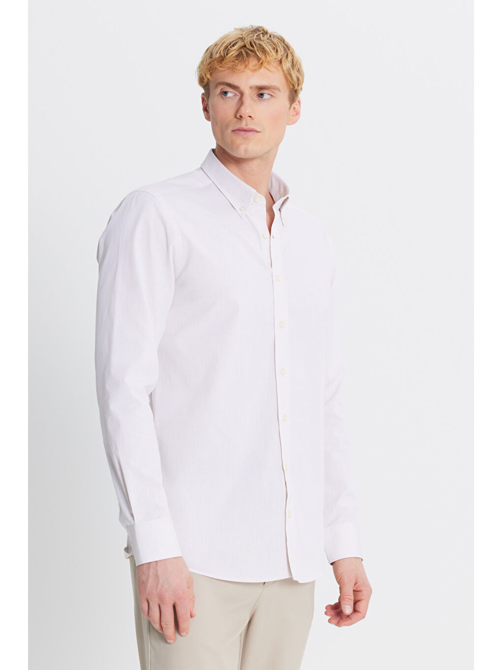 Erkek Bej %100 Pamuk Oxford Slim Fit Dar Kesim Düğmeli Yaka Çizgili Gömlek-2