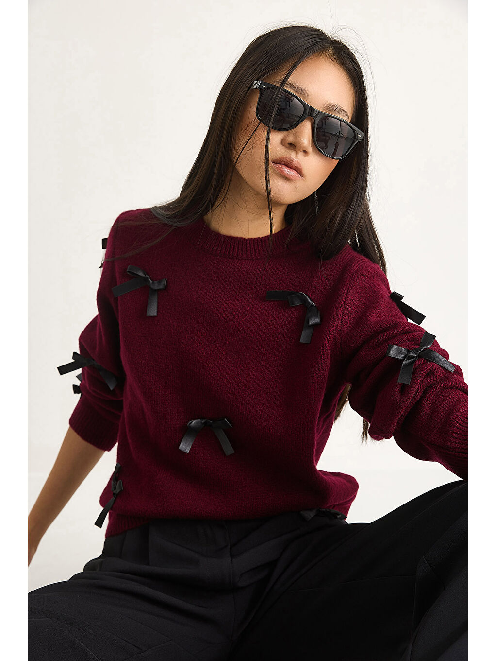 Bordo Kadın Fiyonklu Regular Triko Kazak-2