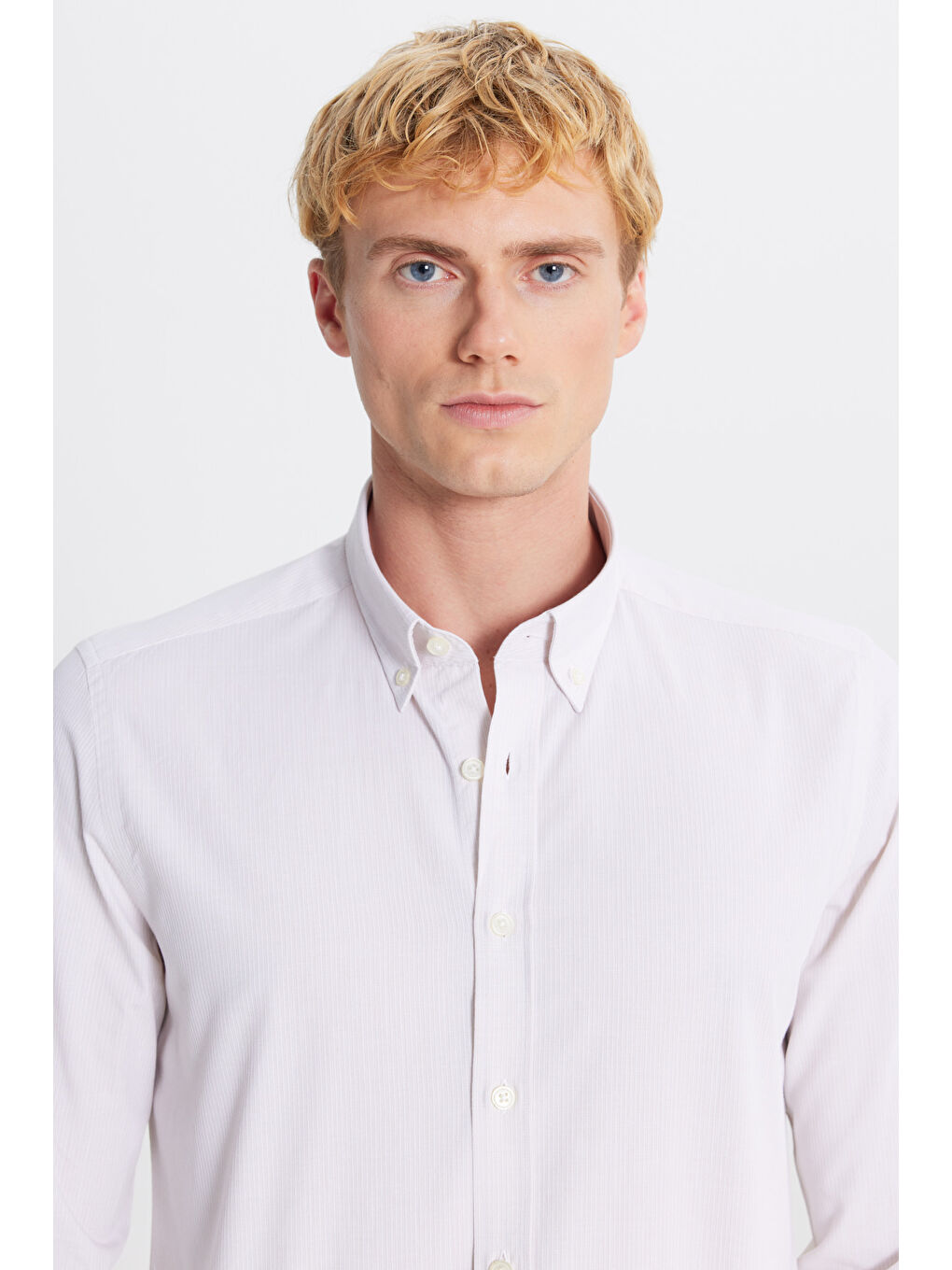 Erkek Bej %100 Pamuk Oxford Slim Fit Dar Kesim Düğmeli Yaka Çizgili Gömlek-3