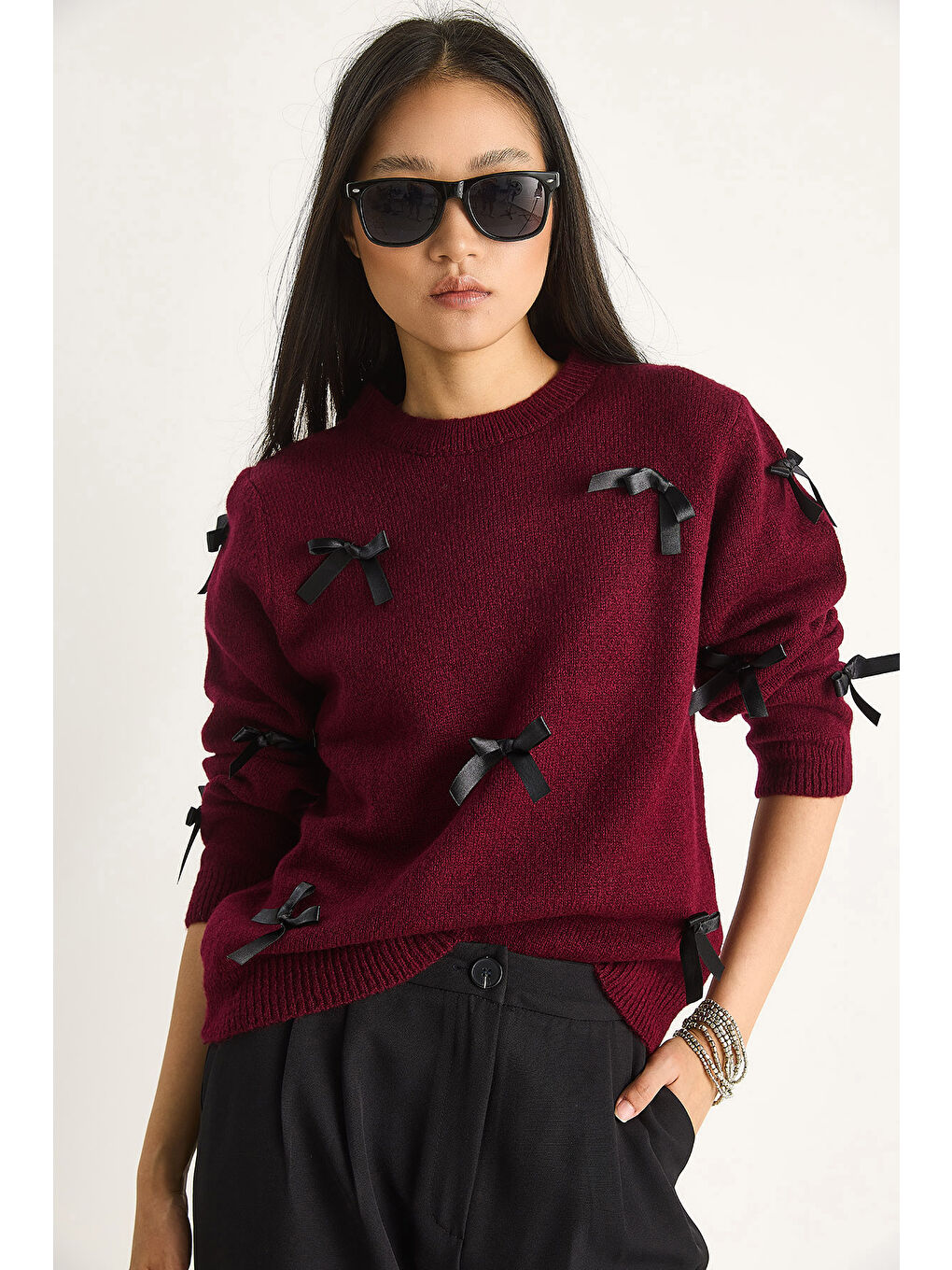 Bordo Kadın Fiyonklu Regular Triko Kazak-3