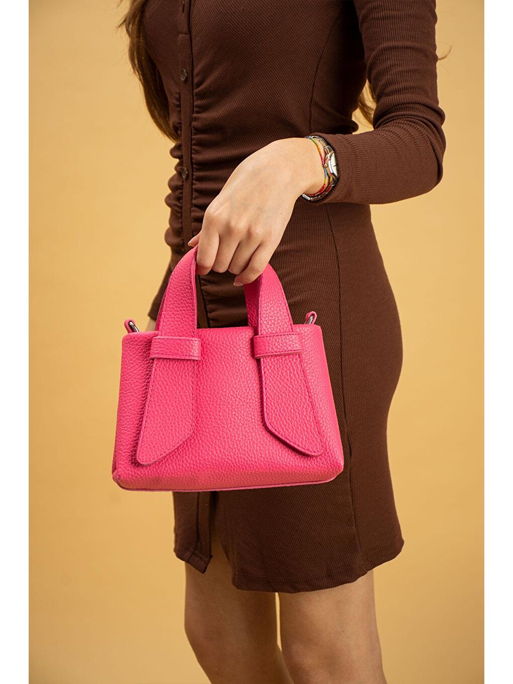 Fuşya Çift Saplı Mini Dokulu Kadın Çapraz El Ve Omuz Çantası BAG4995-23