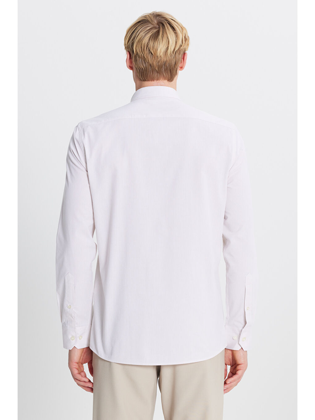 Erkek Bej %100 Pamuk Oxford Slim Fit Dar Kesim Düğmeli Yaka Çizgili Gömlek-4