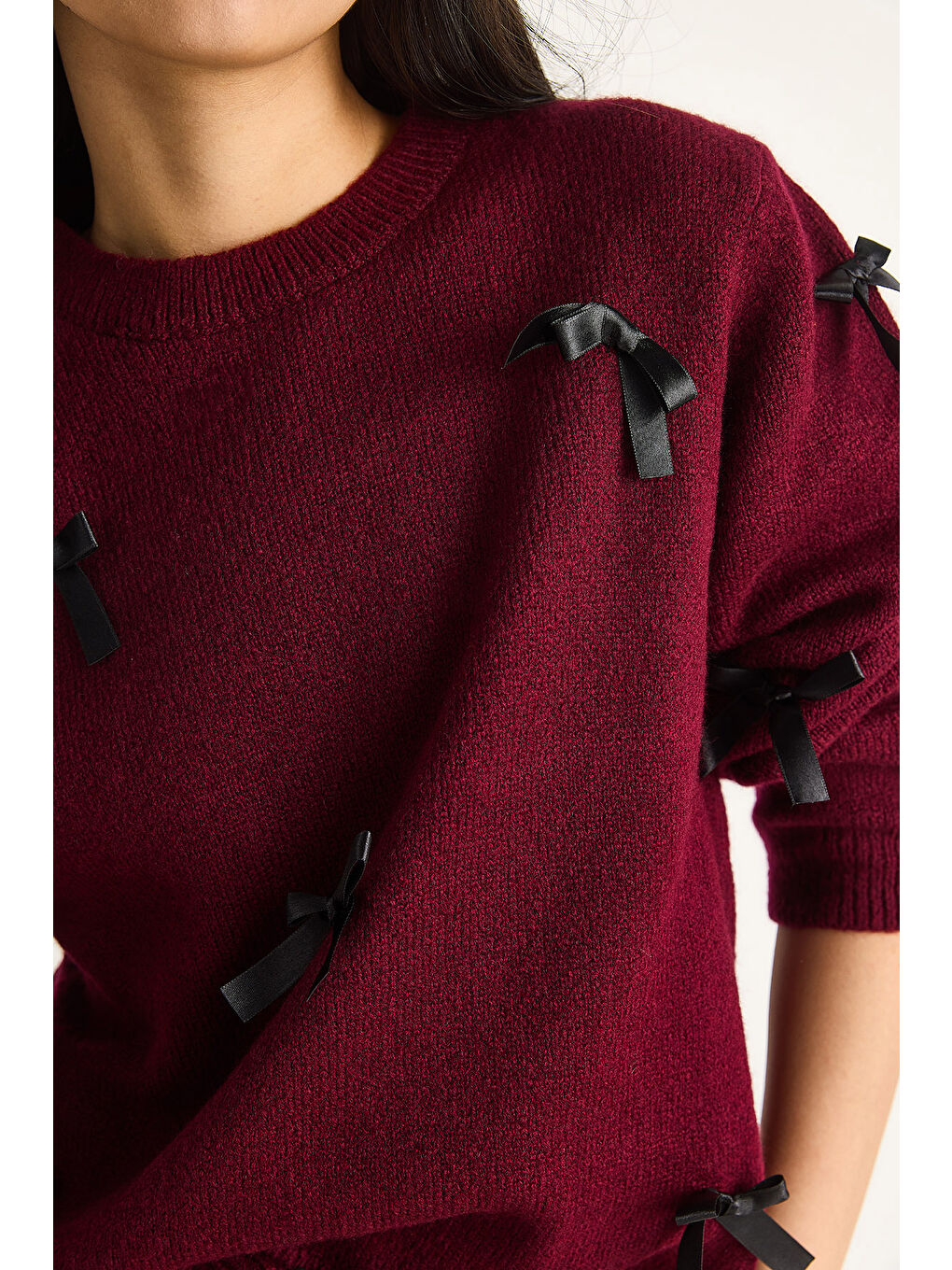 Bordo Kadın Fiyonklu Regular Triko Kazak-4