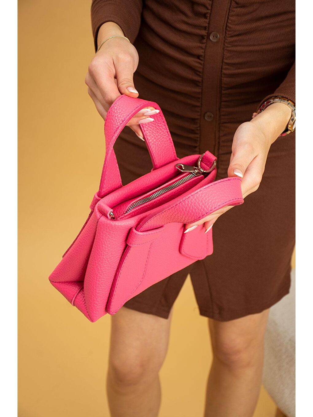 Fuşya Çift Saplı Mini Dokulu Kadın Çapraz El Ve Omuz Çantası BAG4995-23-1