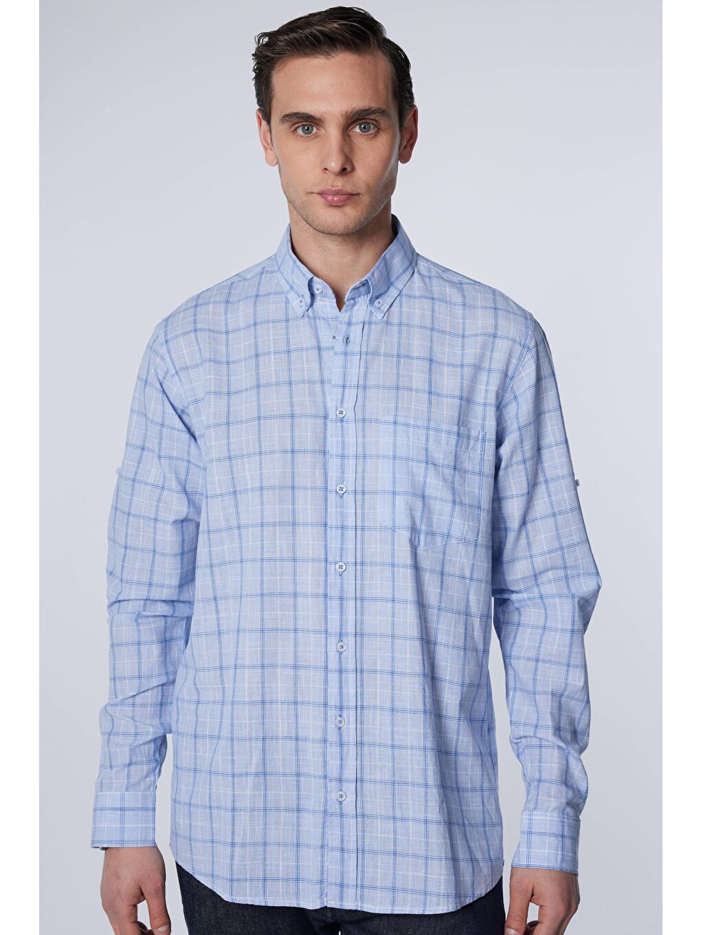 Karışık Erkek Regular Fit Klasik Kesim %100 Pamuk Keten Doku Tek Cepli Kareli Düğmeli Yaka Gömlek