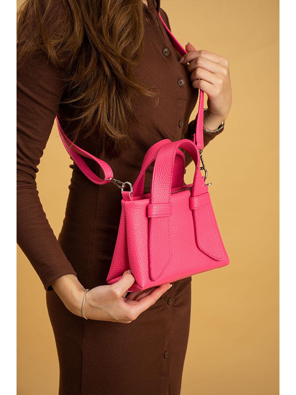 Fuşya Çift Saplı Mini Dokulu Kadın Çapraz El Ve Omuz Çantası BAG4995-23-2