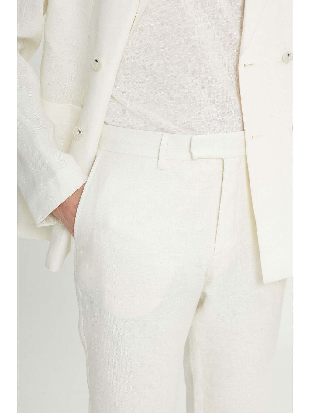 Erkek Ekru %100 Keten Slim Fit Dar Kesim Kırlangıç Yaka Torba Cepli Kruvaze Takım Elbise-5