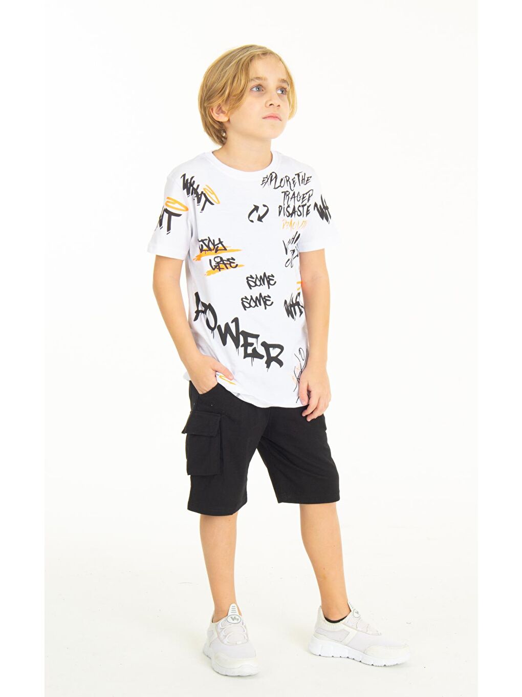Beyaz Erkek Çocuk Baskılı Şortlu Takım 4-14 Yaş 14004-2