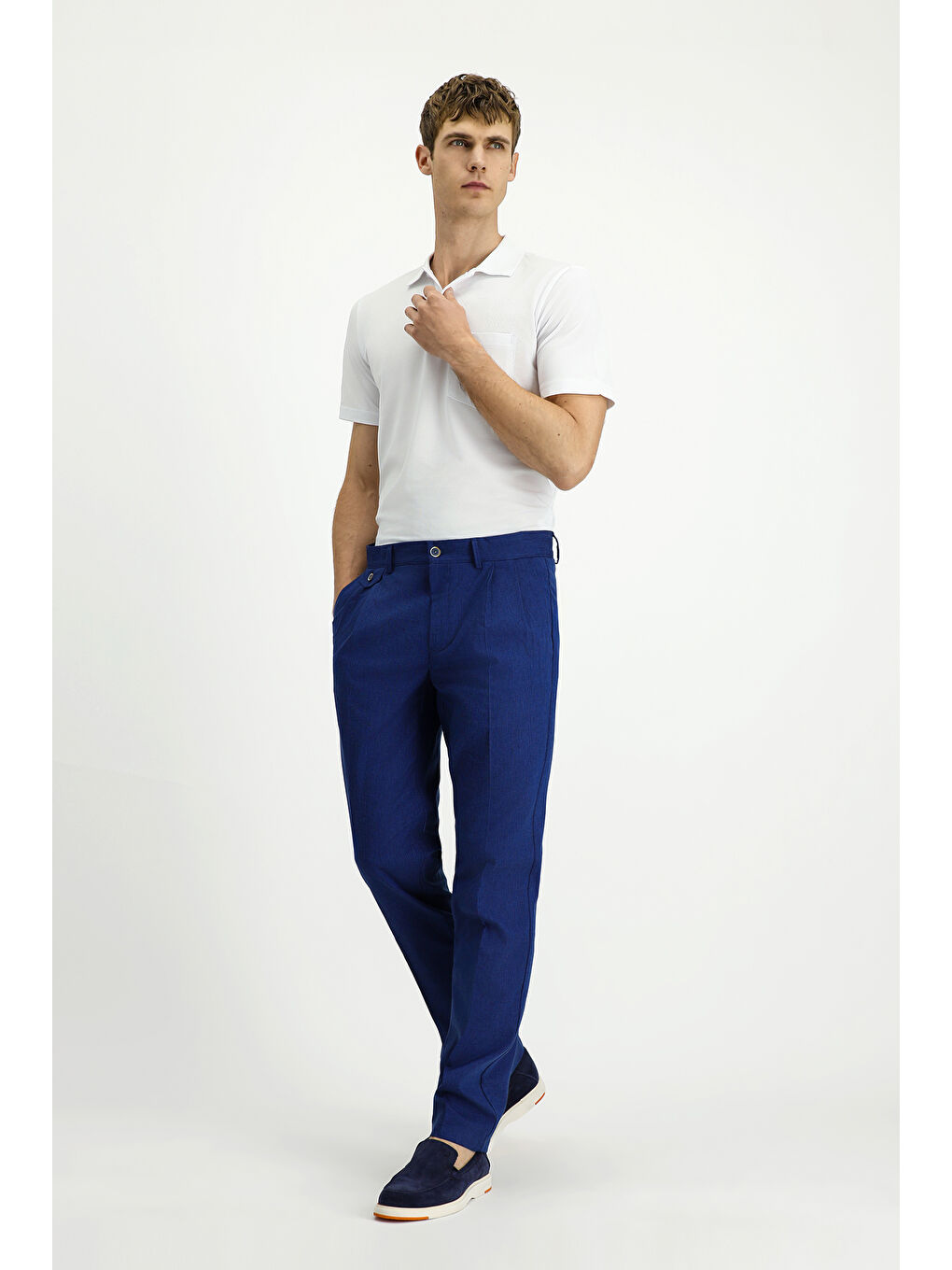 Mavi Çizgili Keten Karışımlı Pileli Klasik Kumaş Pantolon-1