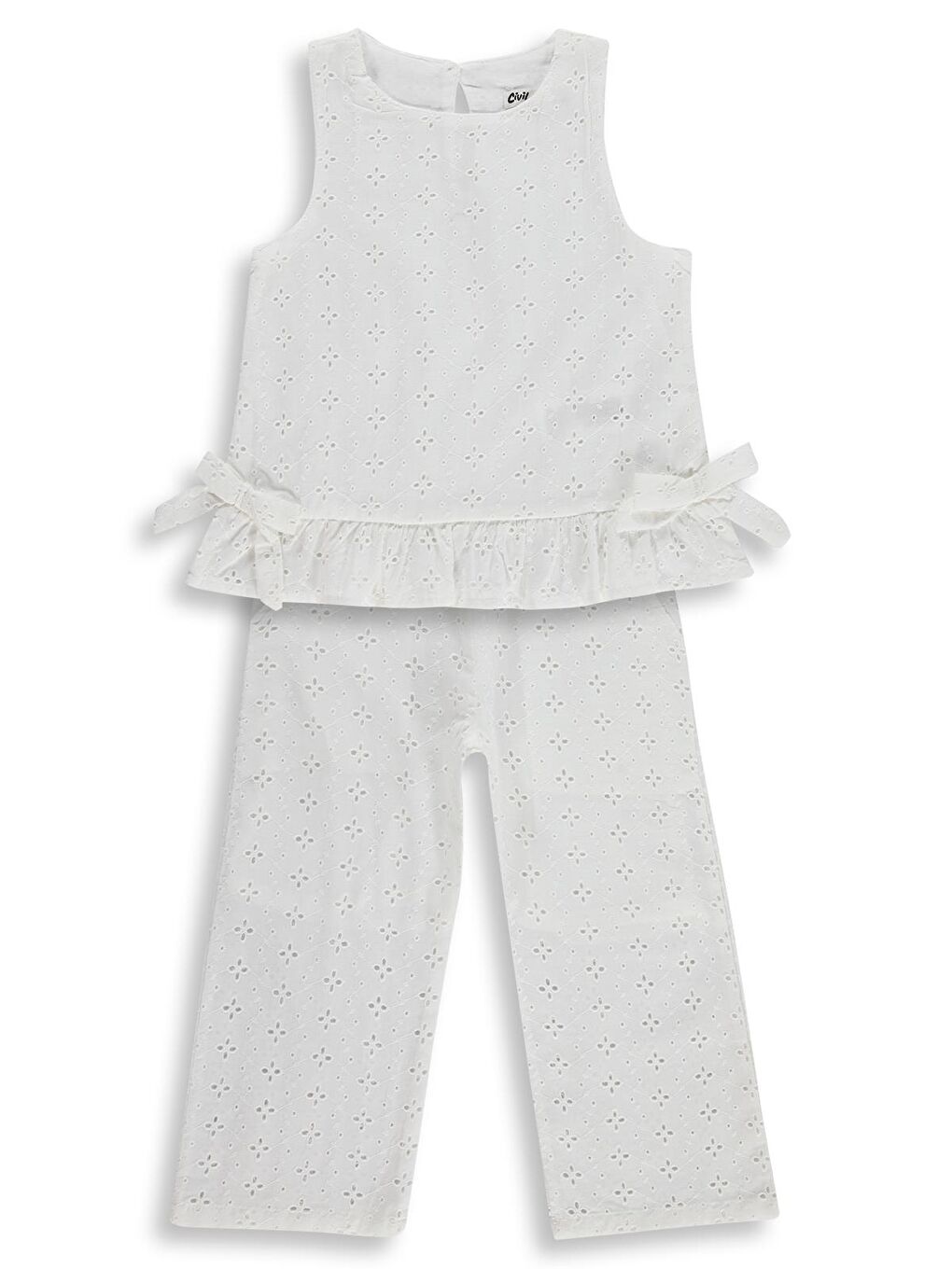 Girls Fiyonk Detaylı Brode 2-5 Yaş Takım - Kırık Beyaz