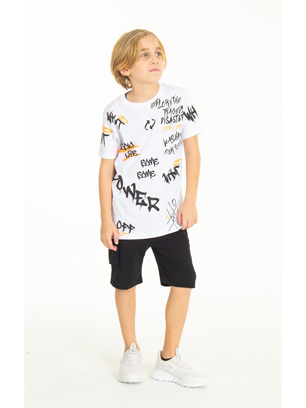 Beyaz Erkek Çocuk Baskılı Şortlu Takım 4-14 Yaş 14004-3