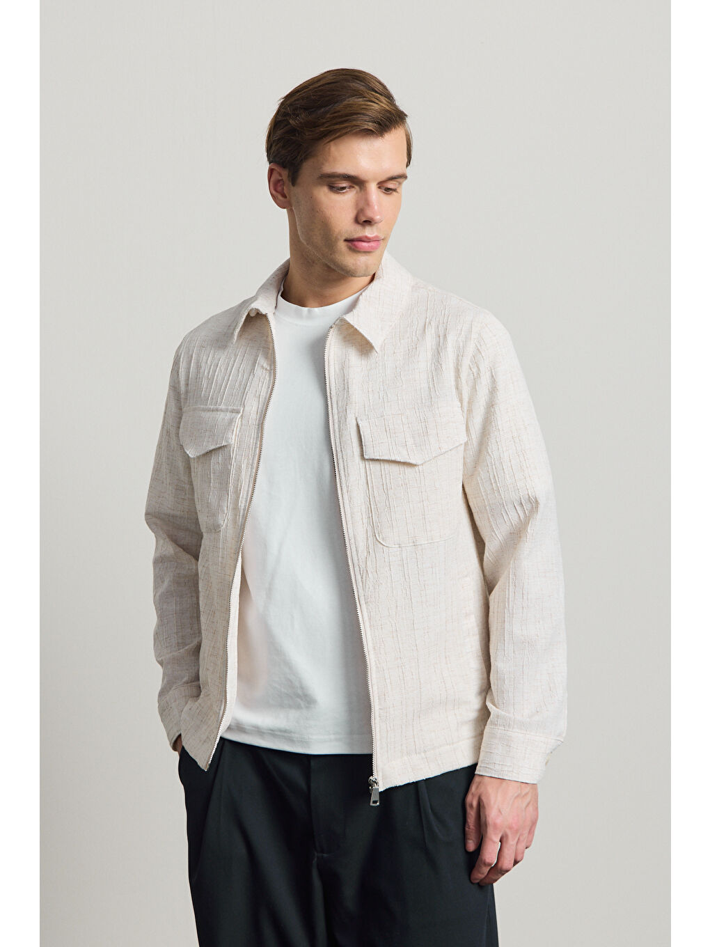 Erkek Premium Keten Gömlek Ceket Ekru-1
