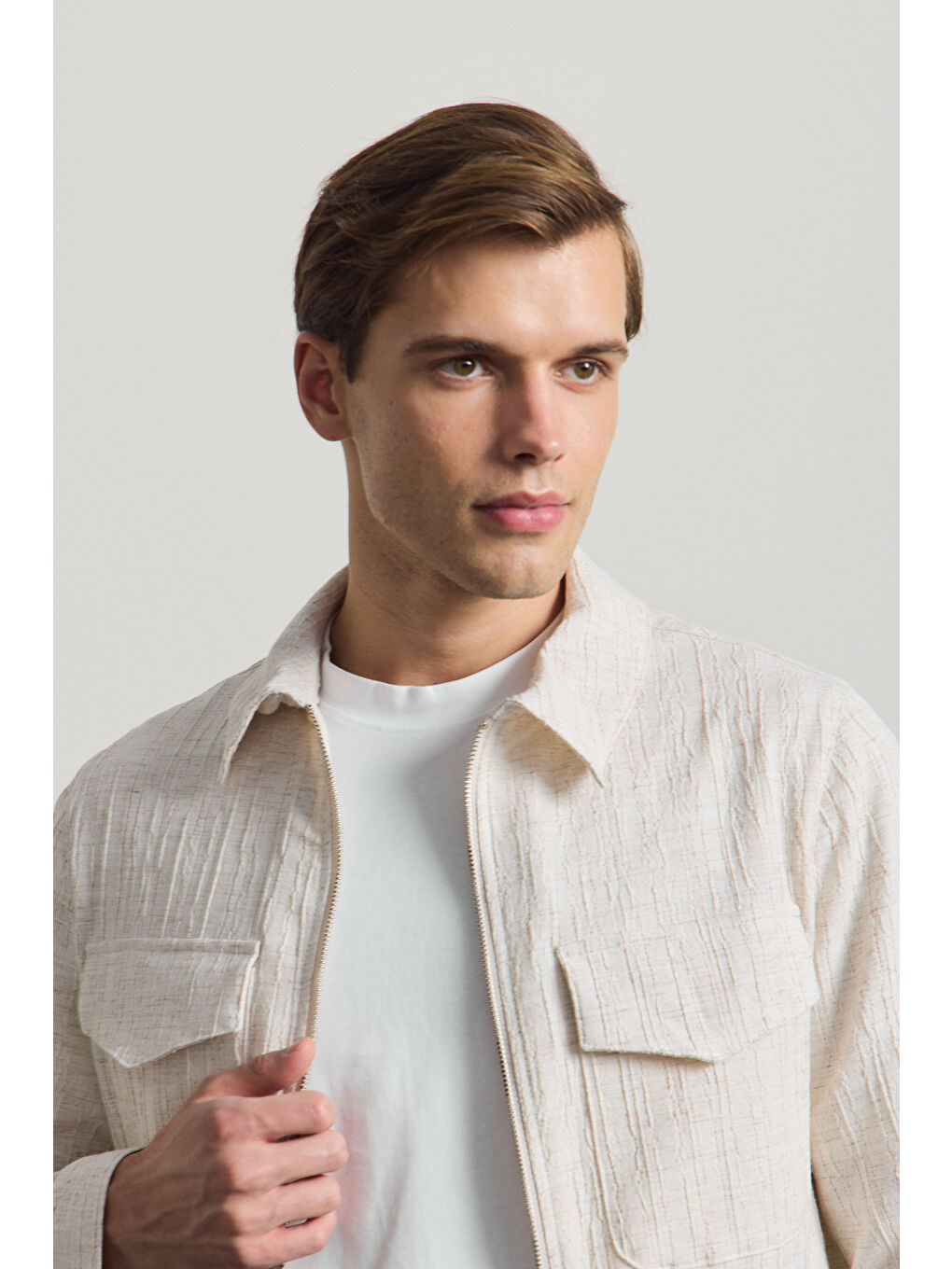 Erkek Premium Keten Gömlek Ceket Ekru-2