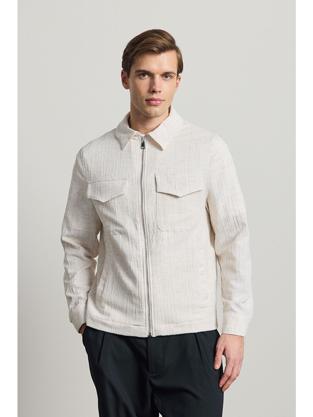 Erkek Premium Keten Gömlek Ceket Ekru-3