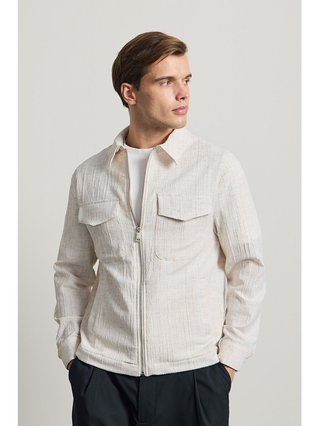 Erkek Premium Keten Gömlek Ceket Ekru-4