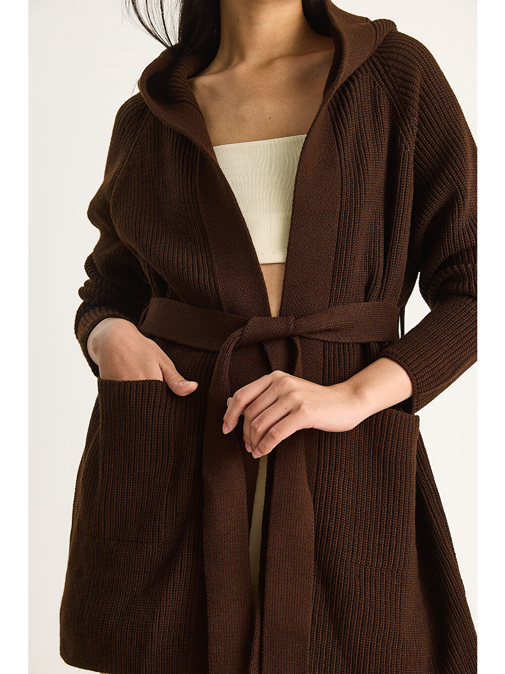 Kahverengi Kadın Kapüşonlu Şal Yaka Kuşaklı Hırka-5