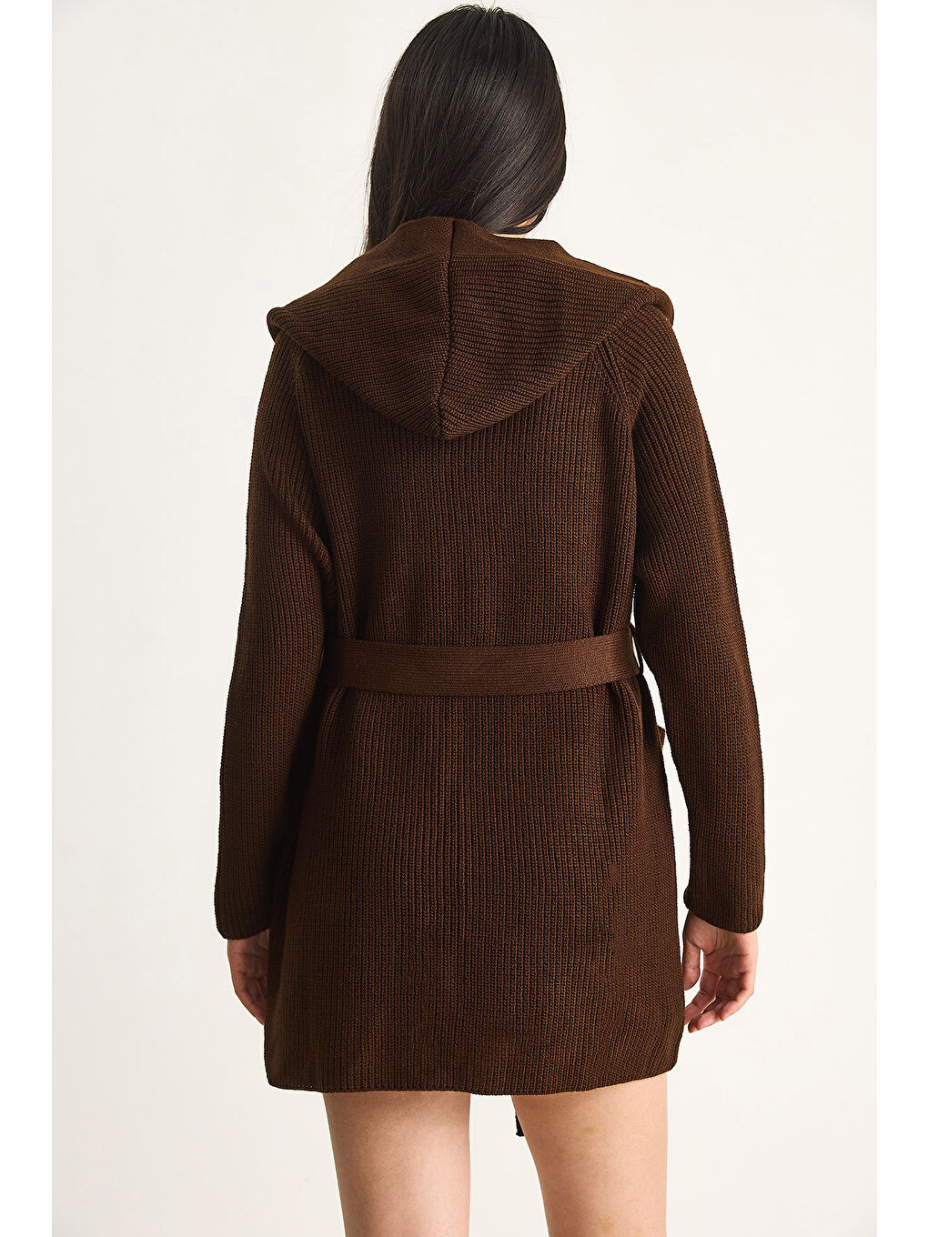 Kahverengi Kadın Kapüşonlu Şal Yaka Kuşaklı Hırka-6