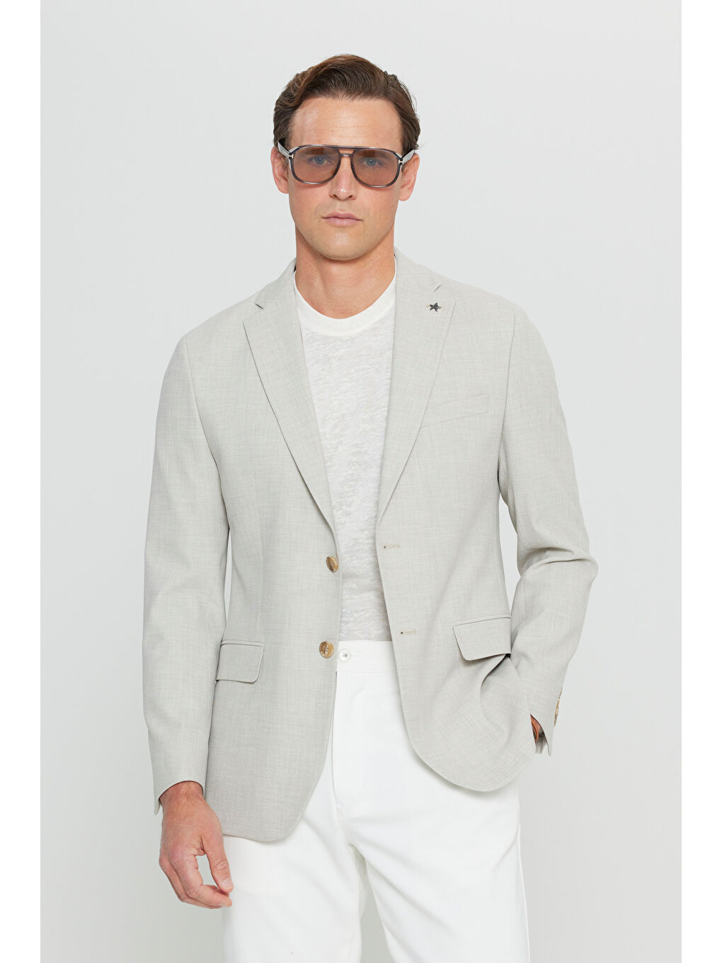 Erkek Bej Yünlü Slim Fit Dar Kesim Mono Yaka Kapak Cepli Armürlü Blazer Ceket