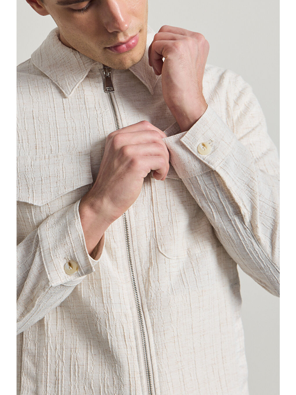 Erkek Premium Keten Gömlek Ceket Ekru-6