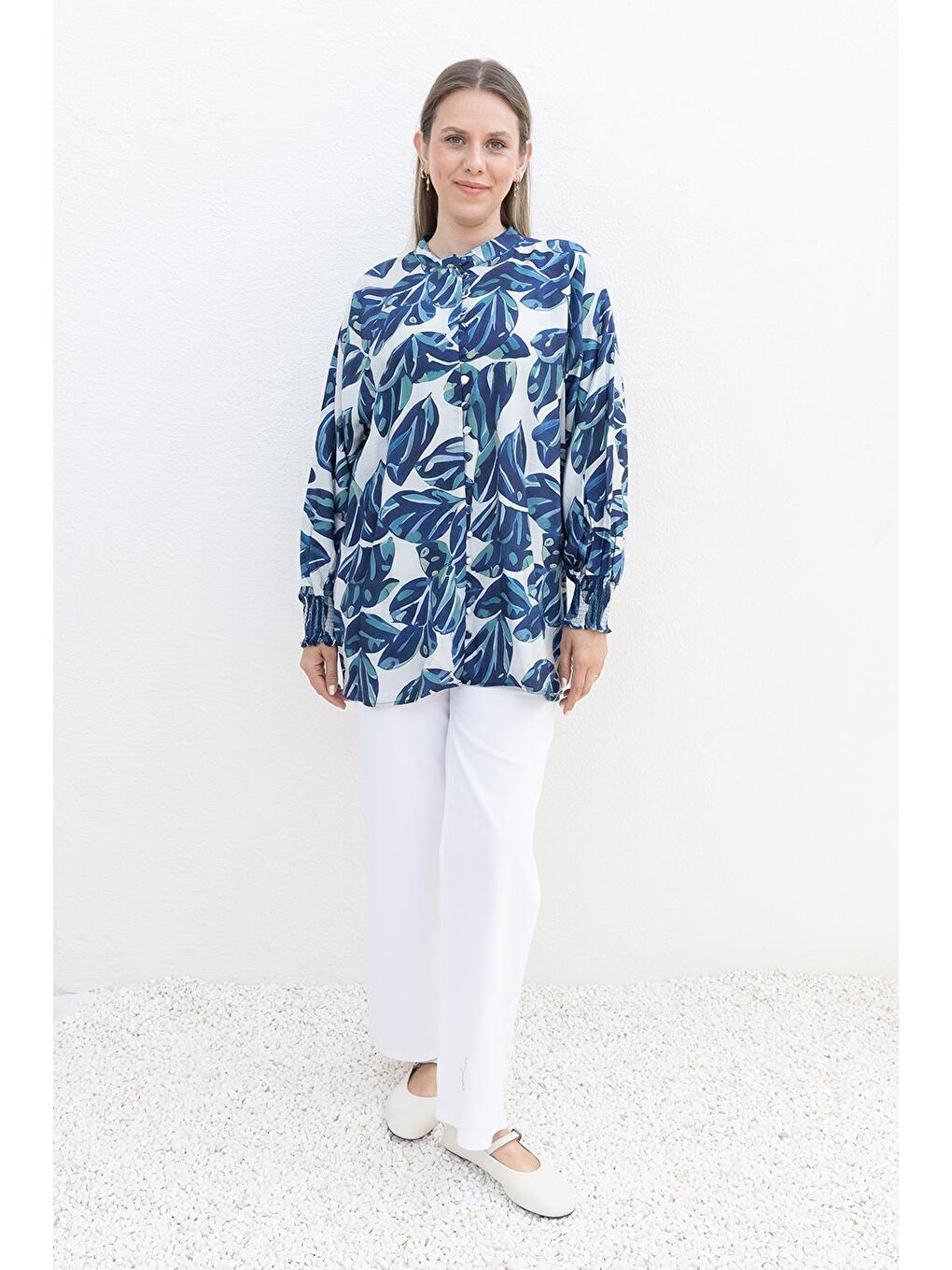 Mavi-Ekru-Desenli Kol Gipeli Gömlek-1