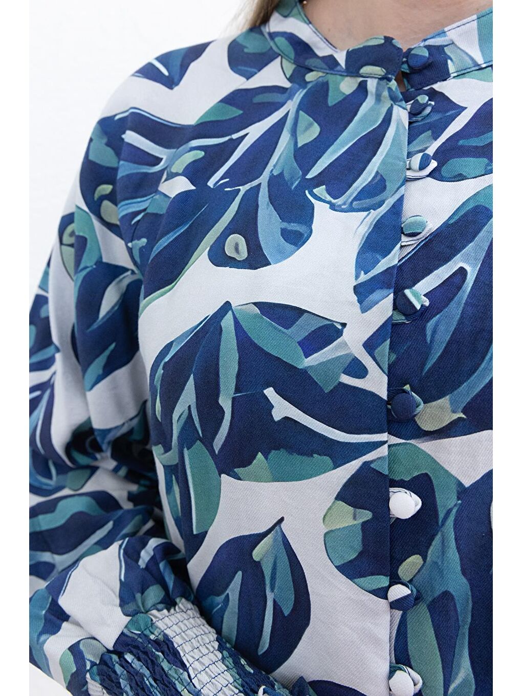 Mavi-Ekru-Desenli Kol Gipeli Gömlek-3