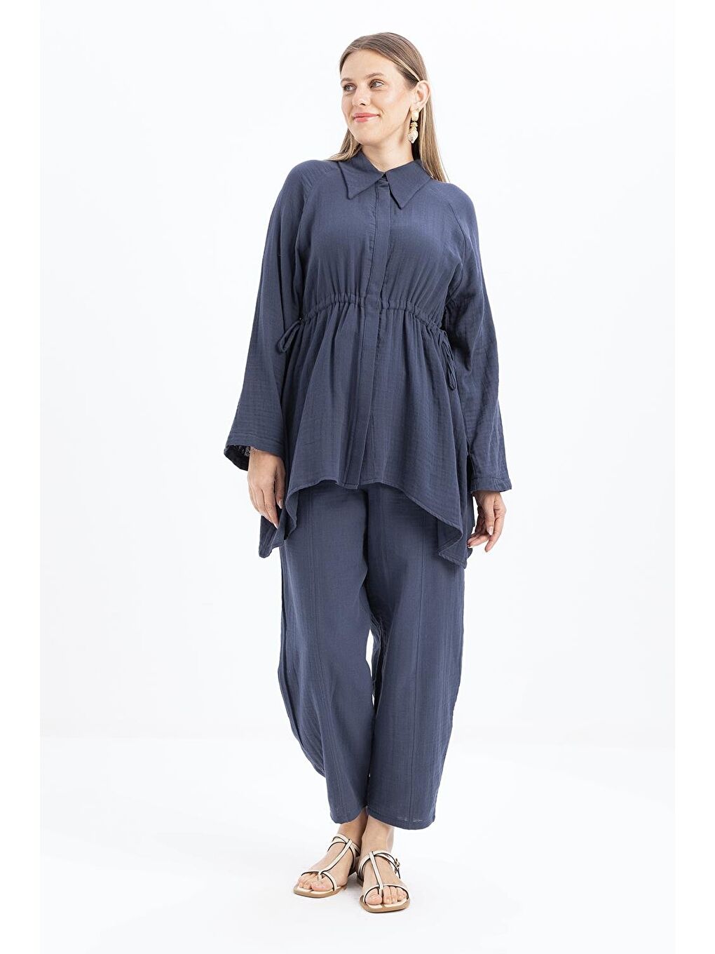 İndigo-Asimetrik Kesim Patlı Gömlek-1